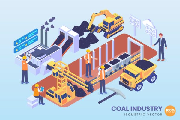 现代化煤矿工业等距矢量科技素材库精选概念插画v1 Isometric Coal Industry Vector Concept