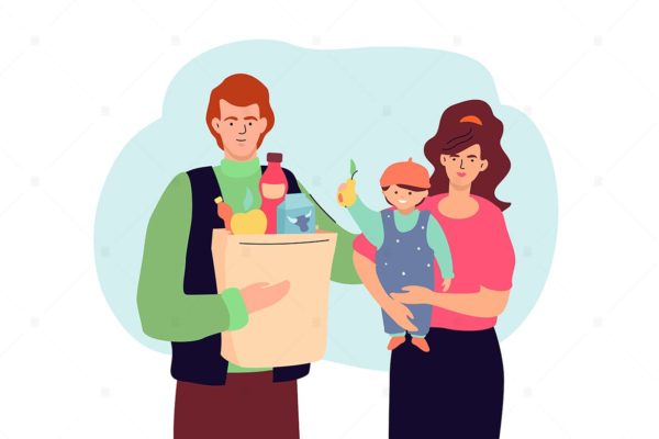 超市家庭购物场景扁平化设计矢量插画 Family shopping – flat design style illustration
