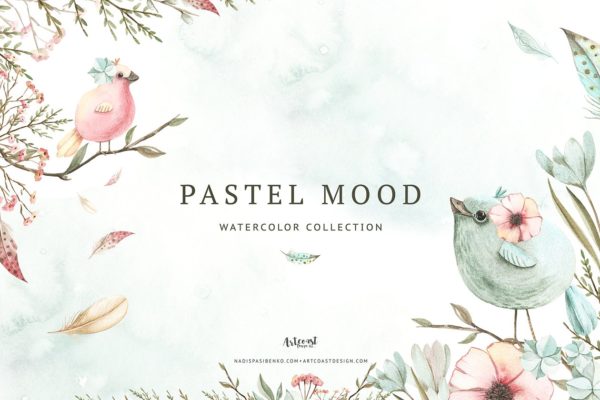 小鸟、树叶&amp;花卉水彩粉画剪贴画 Watercolor Pastel Mood