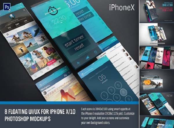 现代独特iPhone X浮动特效 UI设计展示PSD模型Mockups