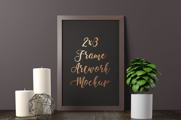 优雅黑色木纹画框样机 Frame Artwork Mockup – Dark Interior Set插图(1)