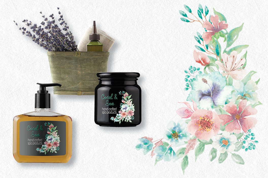 “珊瑚与海”:水彩花圈和花束水彩手绘剪贴画PNG素材 “Coral and Sea”: Watercolor Wreath and Bouquets插图(2)