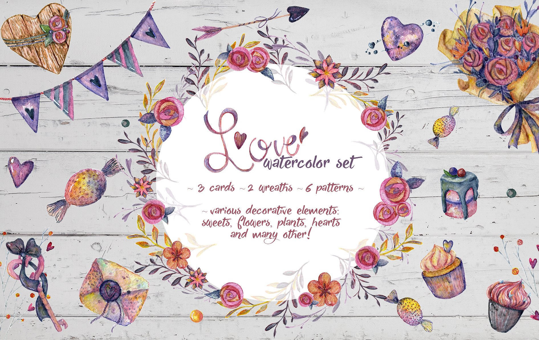 “爱”系列特色复古水彩画素材插图