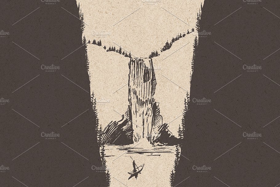 美丽瀑布素描矢量图形 Beautiful waterfalls, sketch style插图(5)