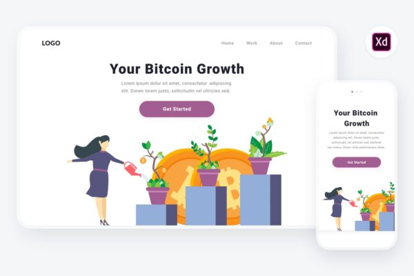 比特币增长场景APP&amp;Web设计矢量插画[XD&amp;SVG] Bitcoin growth illustration (Adobe XD &amp; SVG)