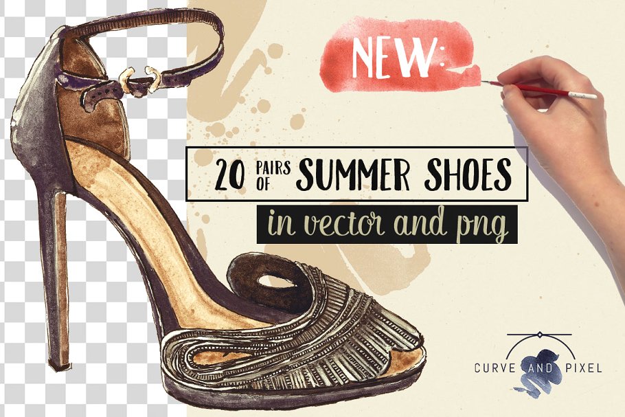 20双手绘高跟鞋水彩插画 20 Pairs of Summer Shoes插图(4)