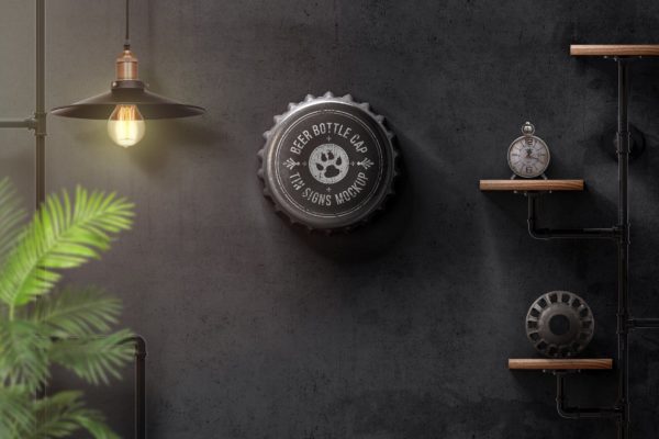 瓶盖金属锡标Logo设计效果图样机模板 Bottle Cap Metal Tin Signs Mockup