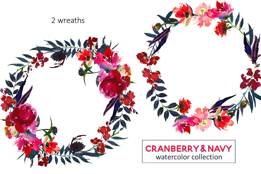 红色海军蓝波希米亚水彩花卉剪贴画 Red Navy Boho Watercolor Flowers插图(3)