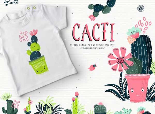 仙人掌与微笑花盆矢量素材 Cacti With Smiling Pots