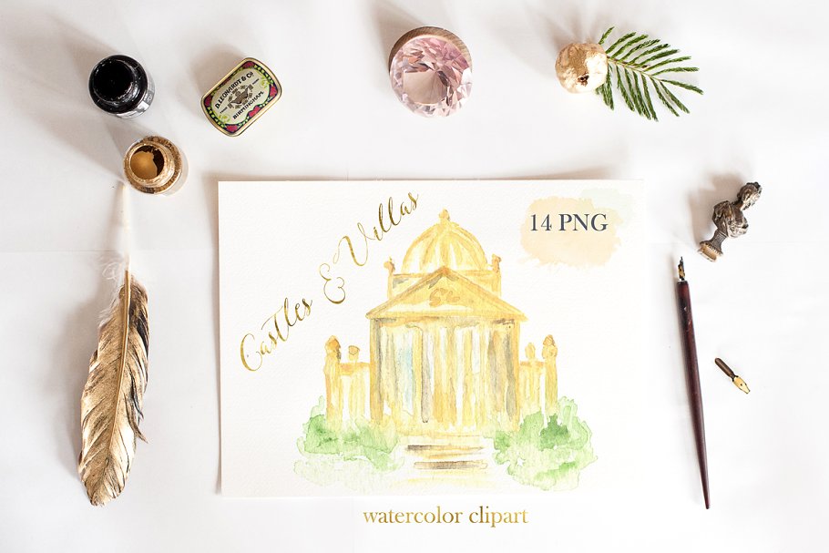 豪华建筑城堡别墅系列水彩剪贴画 Castles & villas houses watercolor插图(4)