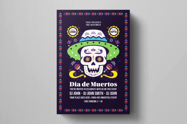 墨西哥亡灵节音乐派对活动海报模板 Dia De Los Muertos Flyer Template