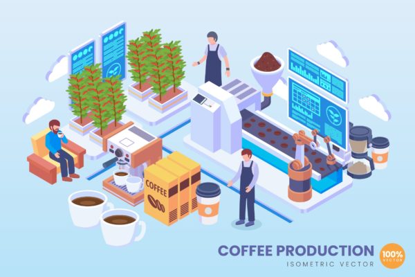现代咖啡一体化生产技术等距矢量科技素材库精选概念插画 Isometric Coffee Production Vector Concept