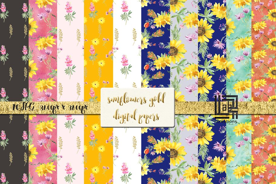 金色粉色向日葵水彩画剪贴画 Sunflowers gold & pink Watercolor插图(4)