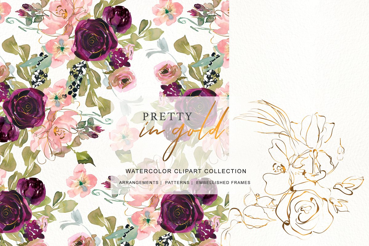 金色&勃艮第深红花卉水彩插画合集插图(1)