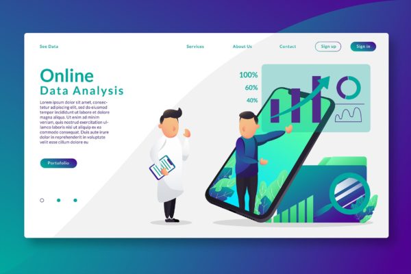 在线数据分析工具网站设计矢量插画素材 Online Data Analysis – Web Header &amp; Vector GR