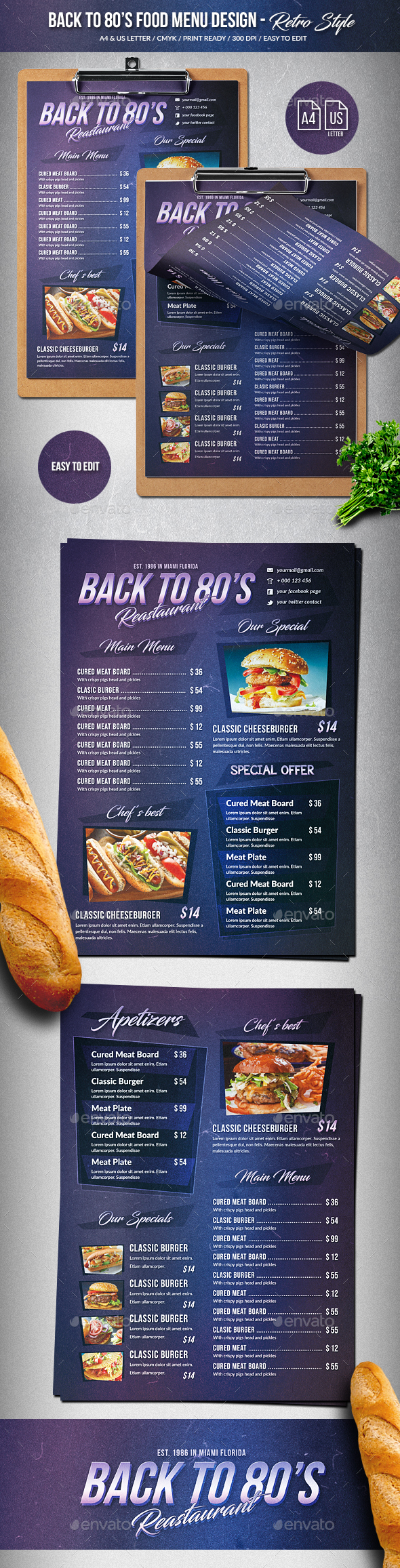 复古风格的食物菜单模板设计 Back To 80’s Food Menu – A4 & US Letter [psd]插图