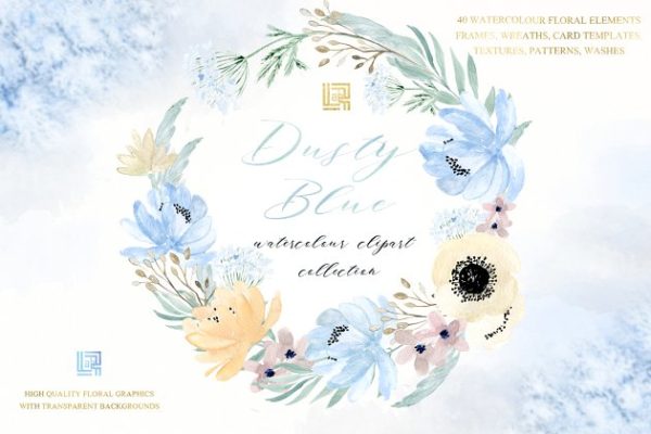 灰蓝色&amp;金色水彩花卉图案 Dusty blue gold. Watercolor floral