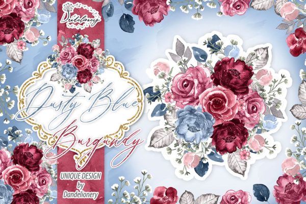 勃艮第红&amp;蓝色水彩手绘花卉PNG素材 Watercolor Dusty Blue and Burgundy design