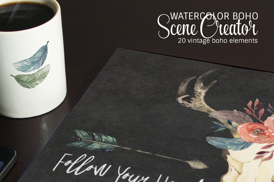 复古波希米亚风格手绘水彩素材[1.92GB] Watercolor Boho Scene Creator插图(5)