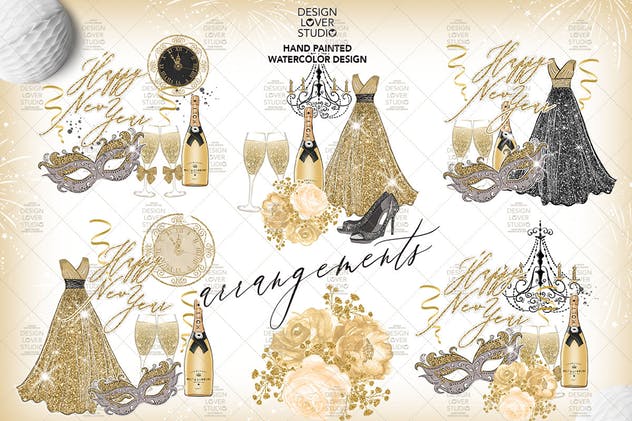 新年主题时尚金色闪亮水彩剪贴画插画 Happy New Year Gold design插图(1)