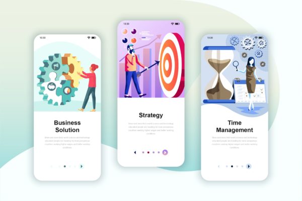 商业计划&amp;项目管理主题矢量插画APP引导页启动页设计模板 Instagram Stories Onboarding Screens Mobile App
