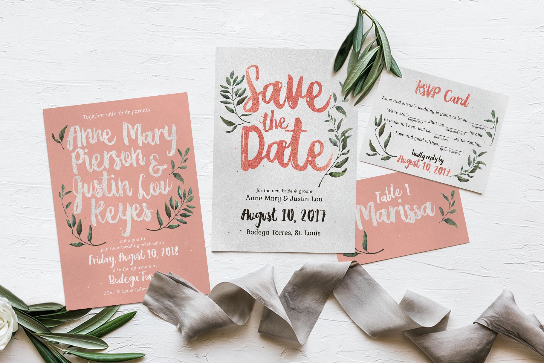 质朴粉色&绿色婚礼设计物料模板 Rustic Pink & Green Wedding Suite插图