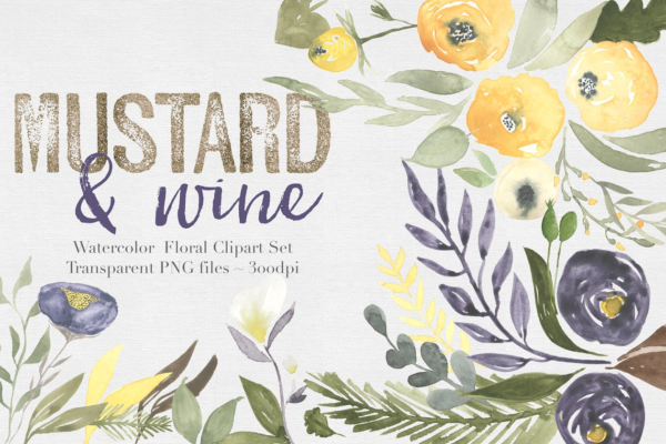 水彩芥末洋酒色花卉植物剪贴画合集 Mustard &amp; wine Floral Clipart Set