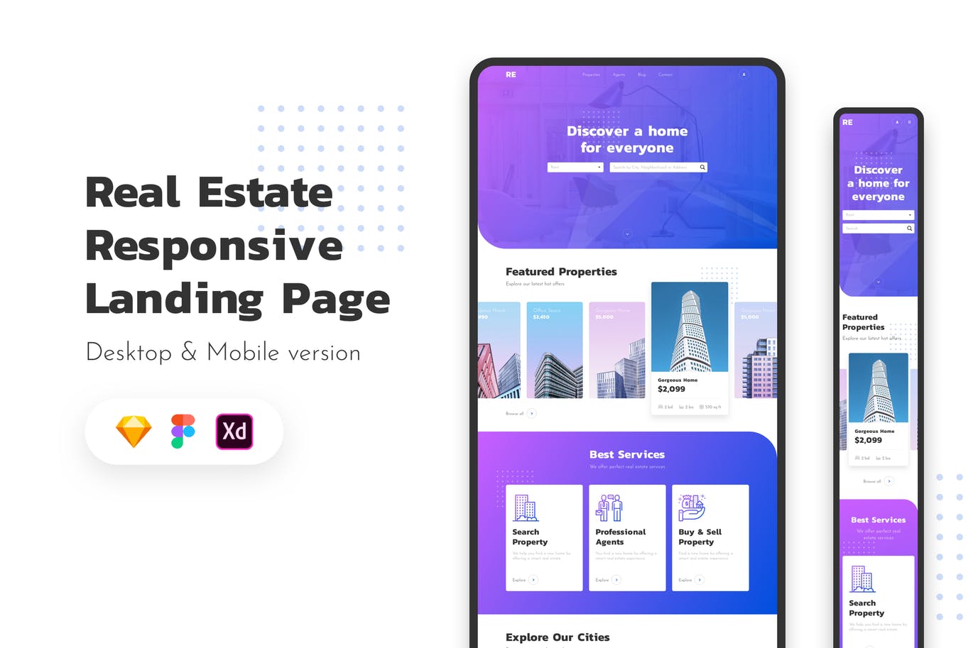 房地产销售中介网站响应式设计模板[SKETCH, XD] Real Estate Responsive Landing Page插图