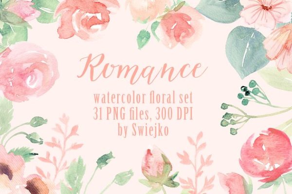 浪漫风格手绘花卉&amp;绿叶水彩图案 Romantic Floral Clipart set