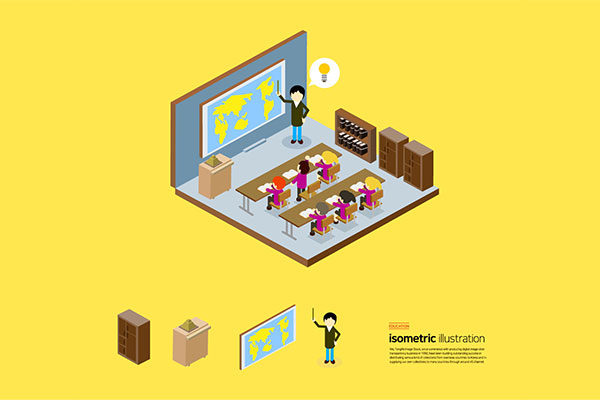 儿童课堂学习教育主题等距插画设计素材