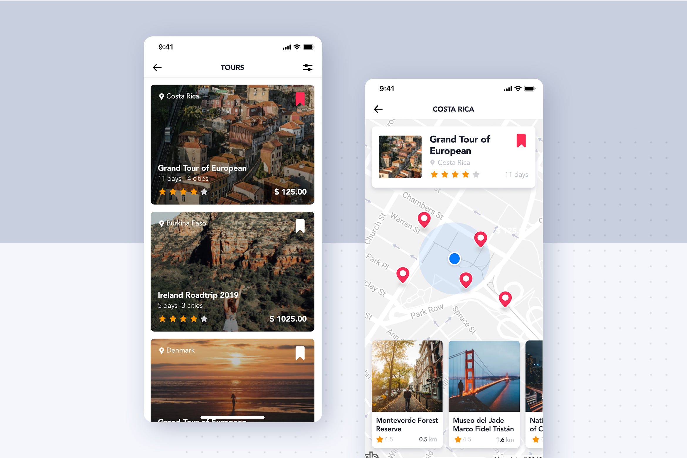 旅游指南APP应用旅游景点列表&地图界面设计素材库精选模板 Tours Guide UI Concept for Travel & Map插图