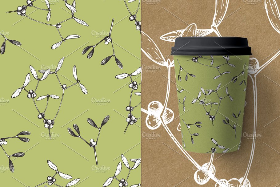 槲寄生手绘花样图案 3 Vector Mistletoe Patterns插图(1)