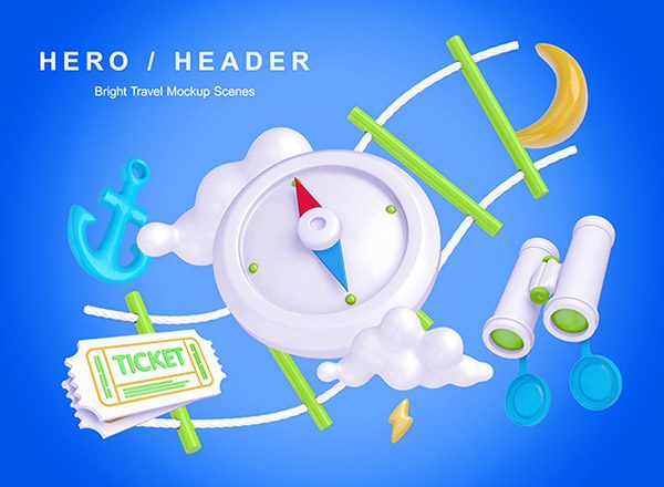 阳光灿烂的旅行卡通风格场景样机 Bright Travel Mockup Scenes