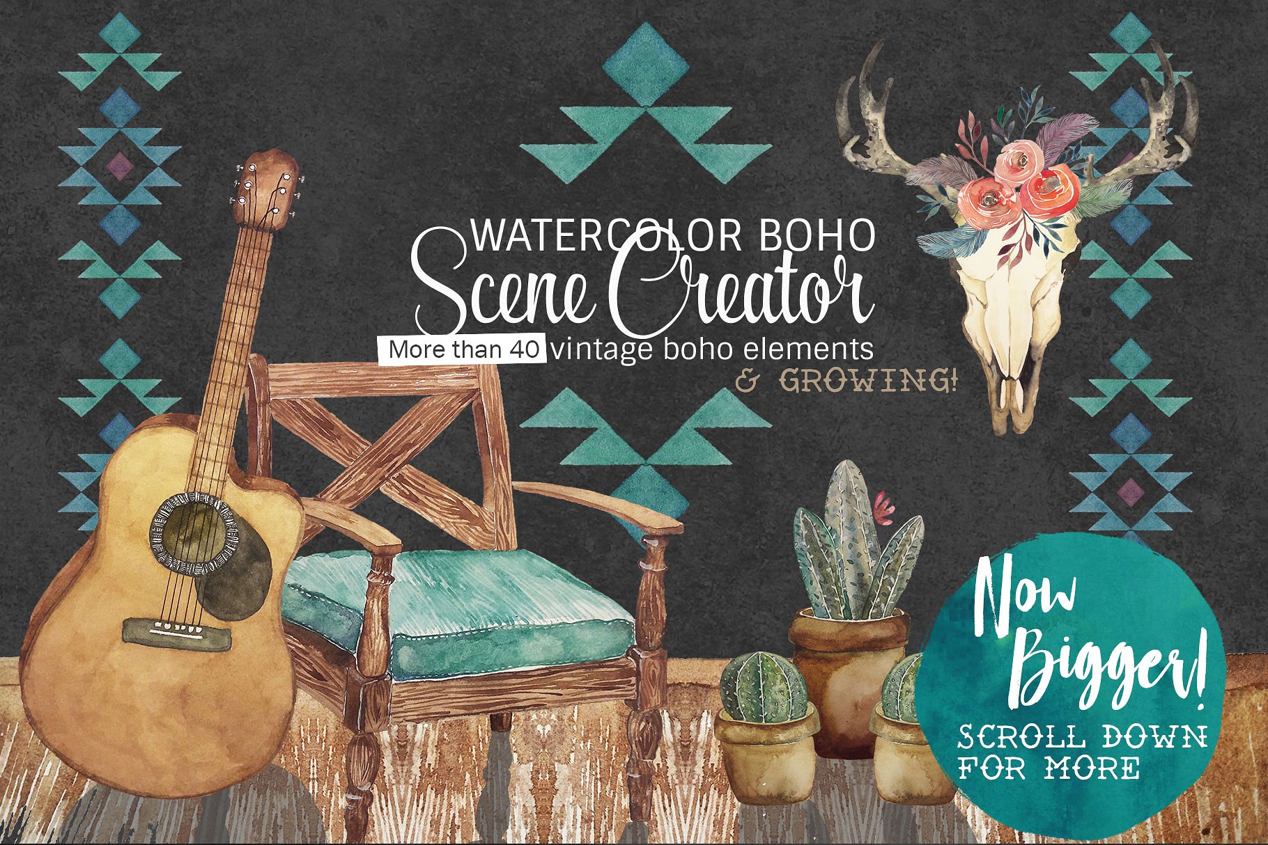 复古波希米亚风格手绘水彩素材[1.92GB] Watercolor Boho Scene Creator插图(1)
