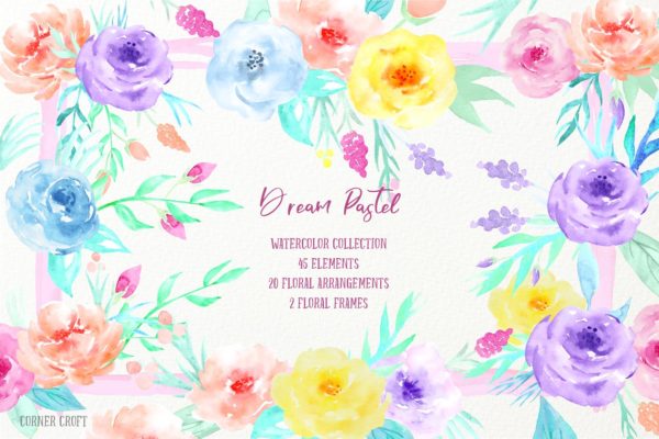 梦幻水彩花卉剪贴画合集 Watercolor Clipart Dream Pastel