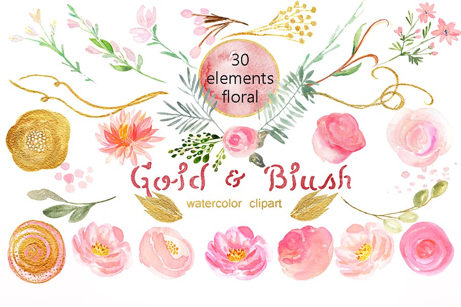 水彩浅粉腮红金色花卉剪贴画合集 Gold and blush watercolor flowers插图(4)