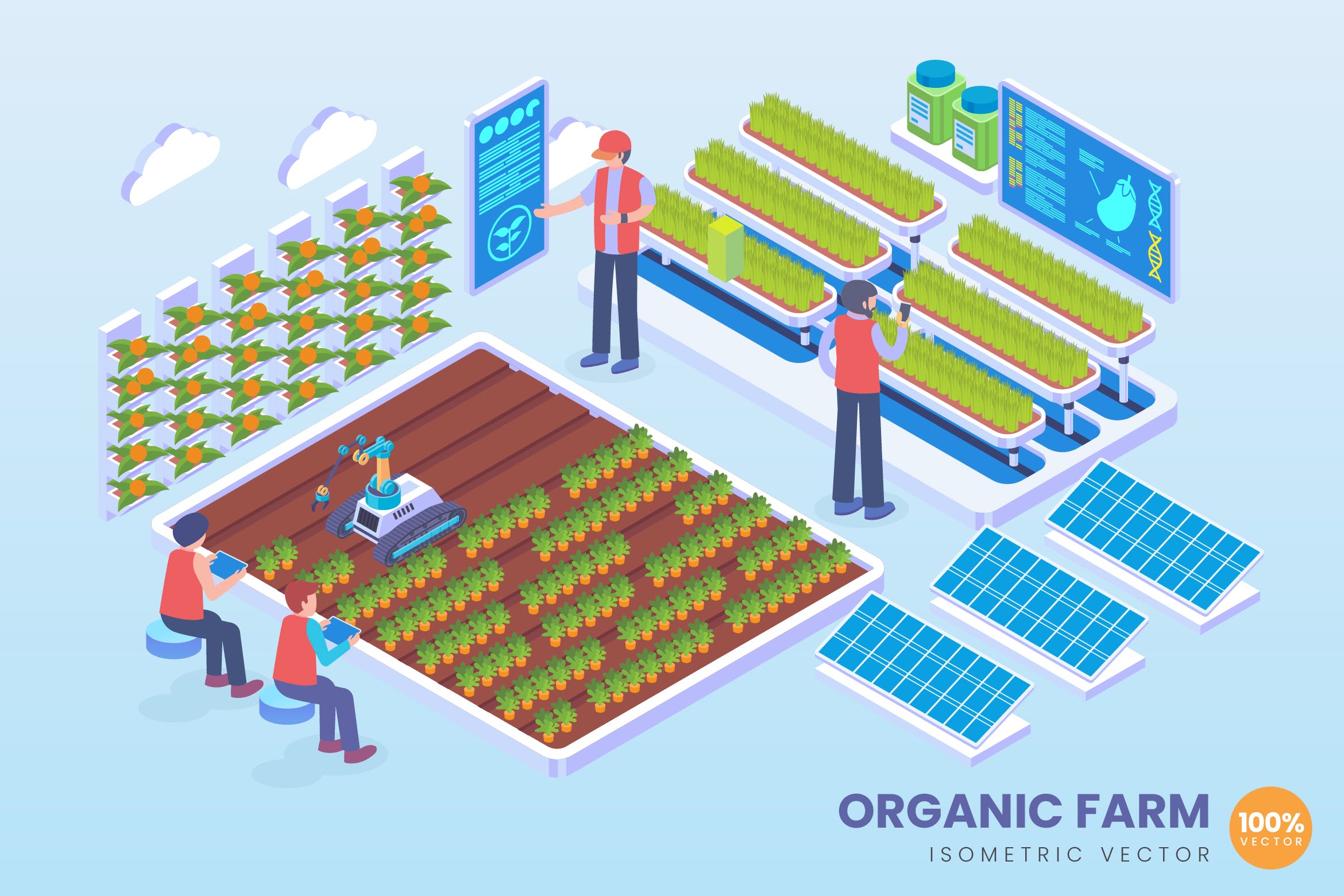 有机农场技术等距矢量概念插画素材 Isometric Organic Farm Technology Vector Concept插图