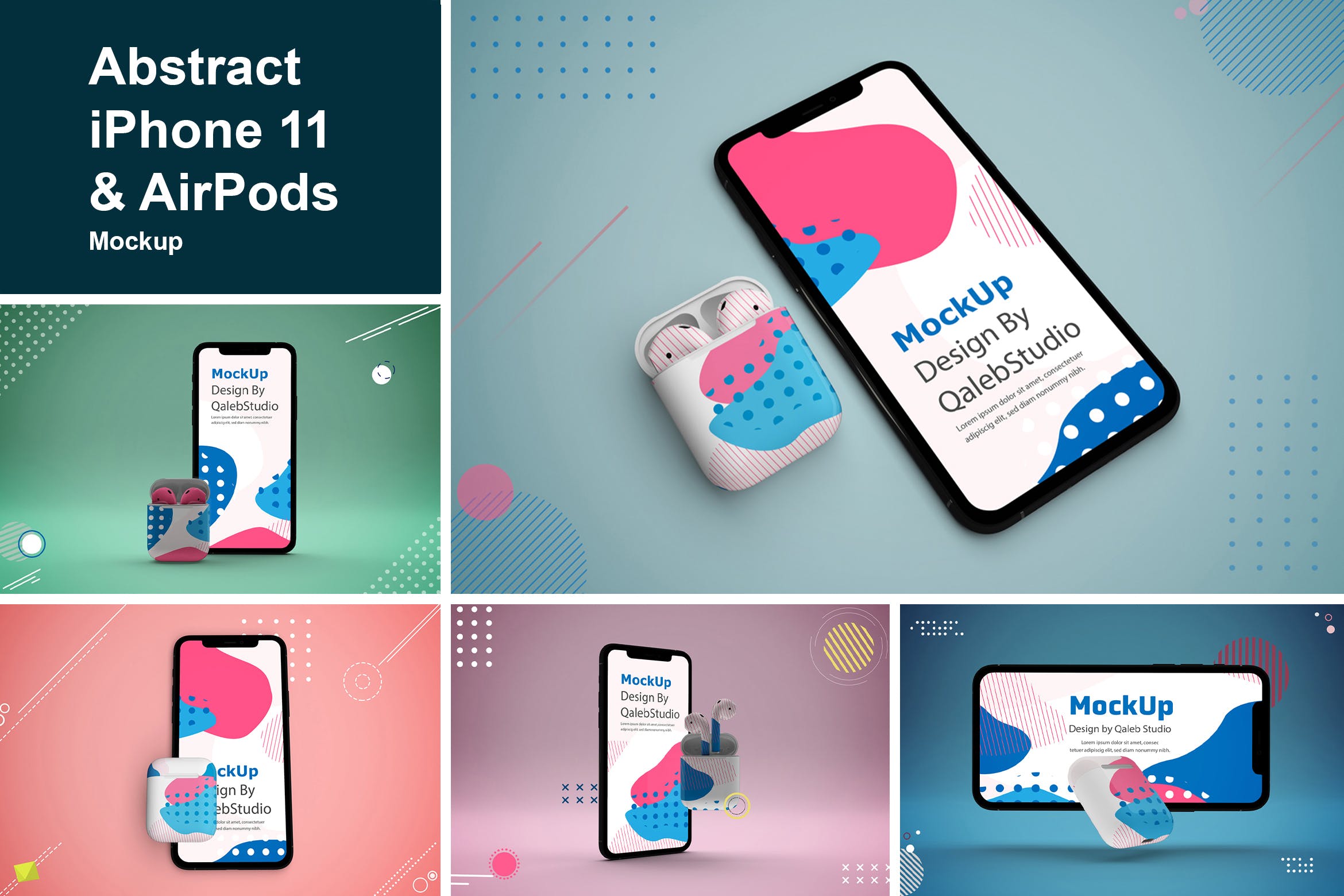 抽象设计风格iPhone 11手机&AirPods耳机素材库精选样机模板 Abstract iPhone 11 & AirPods Mockup插图