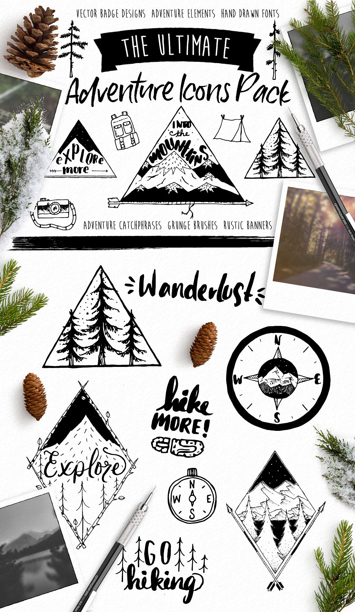 手绘户外森林设计元素矢量图插图