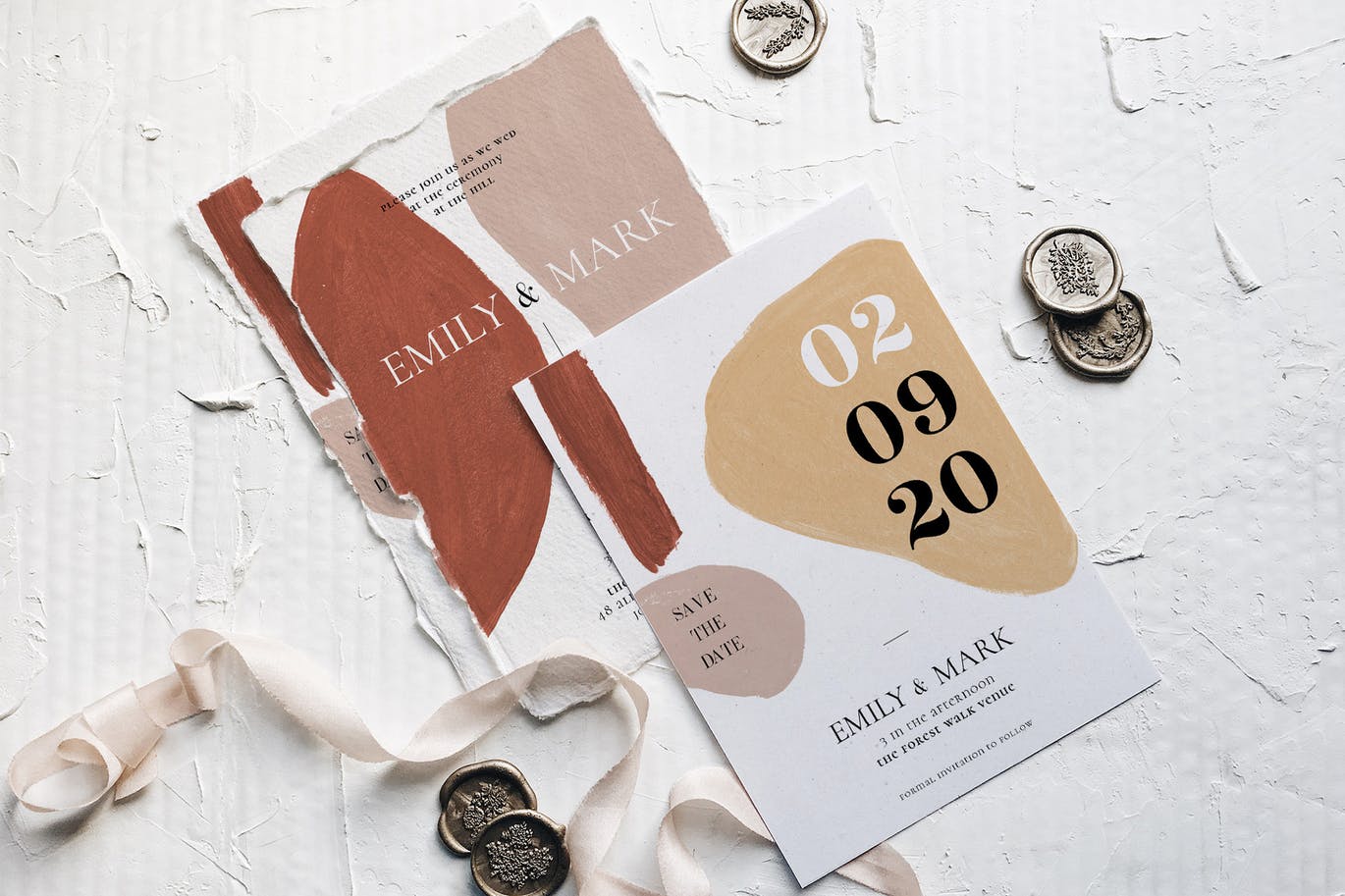 现代抽象水彩图案撕纸风格婚礼邀请设计套件 Modern Abstract Wedding Suite插图(6)