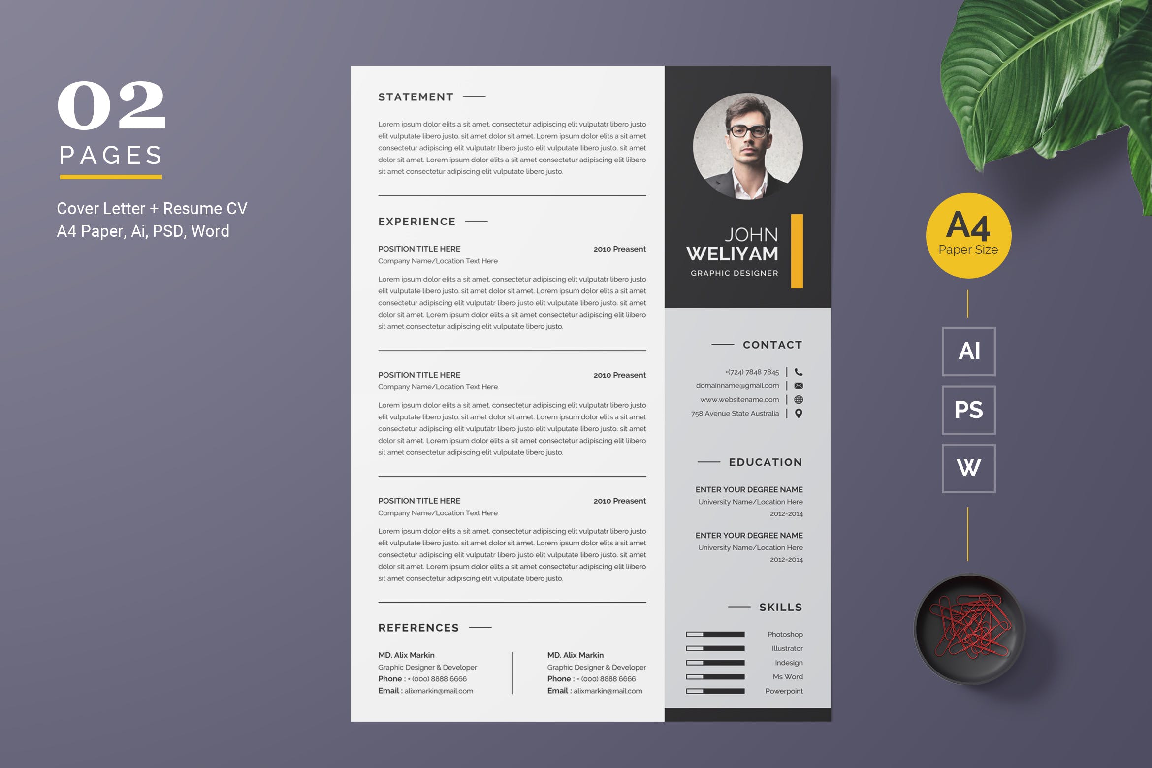 两列式现代设计风格设计师简历模板 Modern Resume / CV Template插图