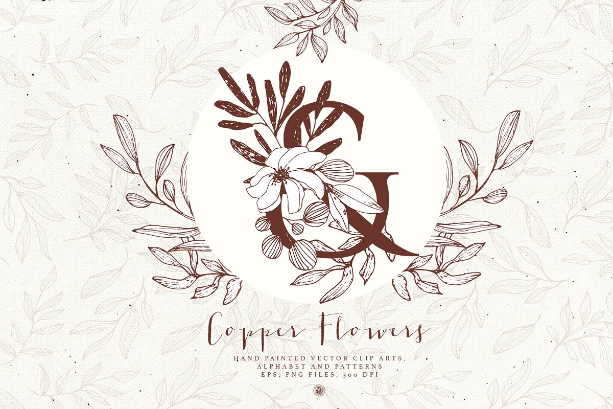 古铜色花卉字母插画套装插图