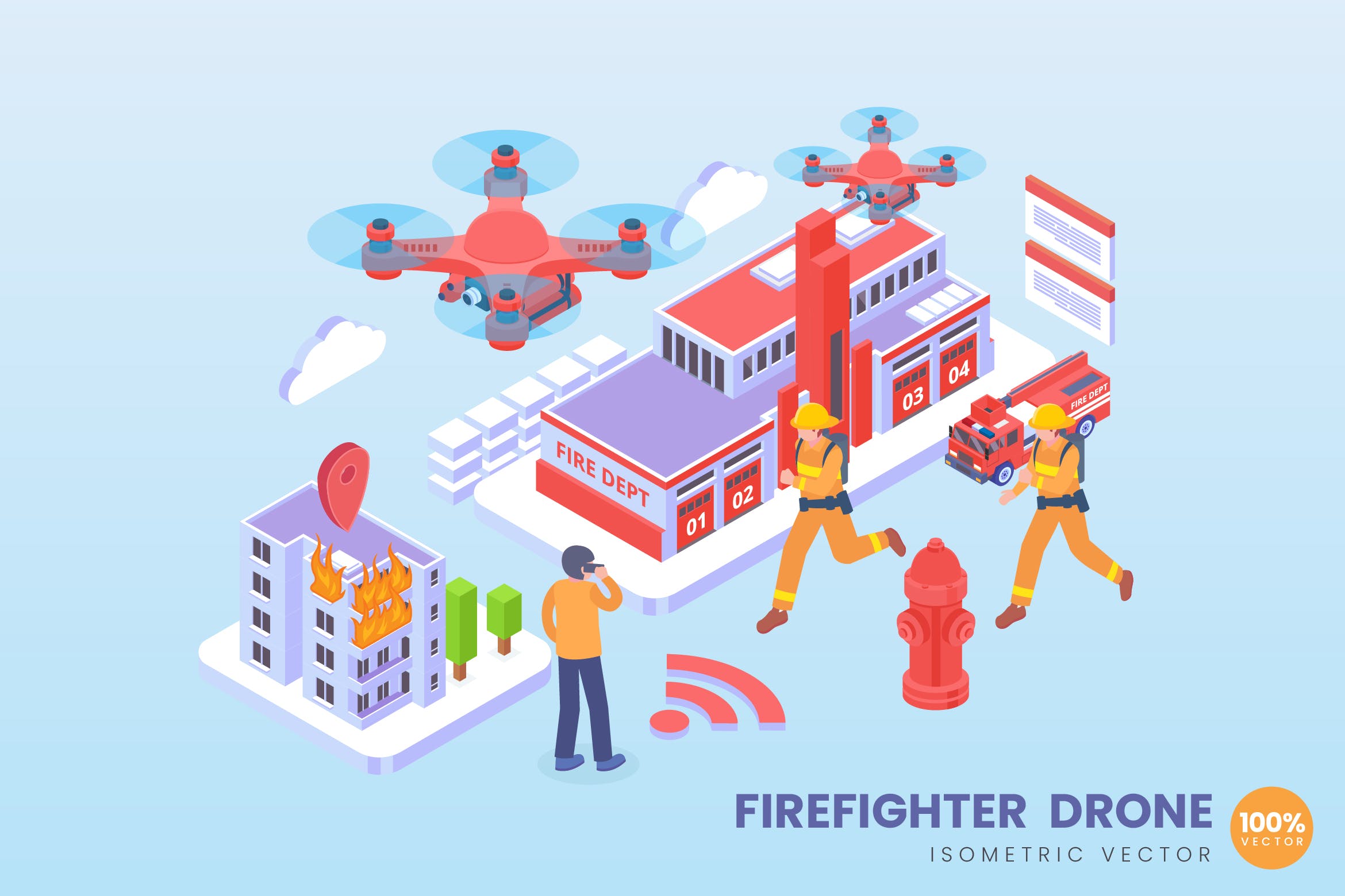 消防无人机技术等距矢量科技素材库精选概念插画 Isometric Firefighter Drone Vector Concept插图