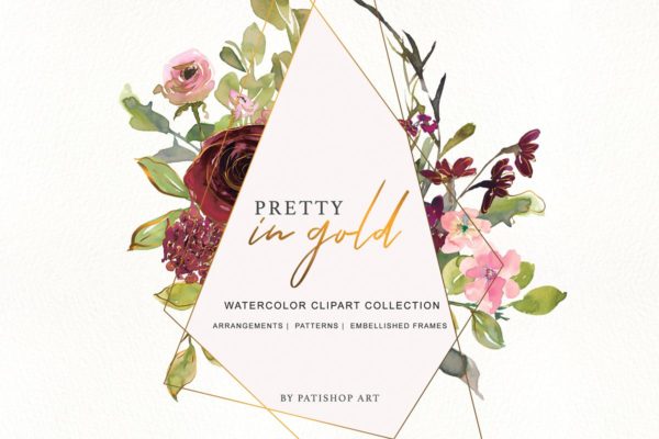 金色&amp;勃艮第深红花卉水彩插画合集