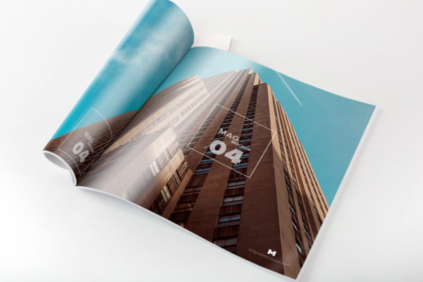 卷页方形杂志内页排版设计样机 Square Magazine Opened Rolled Mockup