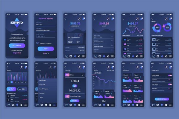 比特币加密货币交易平台APP应用界面设计UI套件 Cryptocurrency Mobile App UX and UI Kit