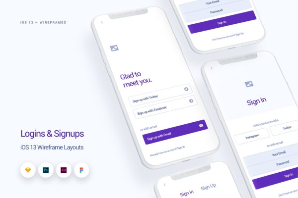 iOS13设计规范之注册登录UI界面设计线框图 Logins &amp; Signups – iOS 13 Wireframe Kit