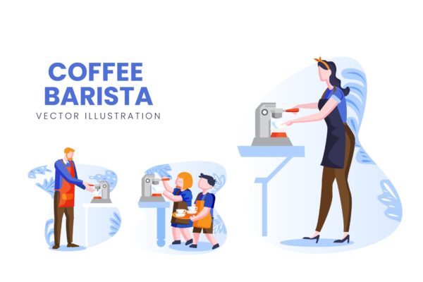 咖啡师人物形象素材库精选手绘插画矢量素材 Coffee Barista Vector Character Set