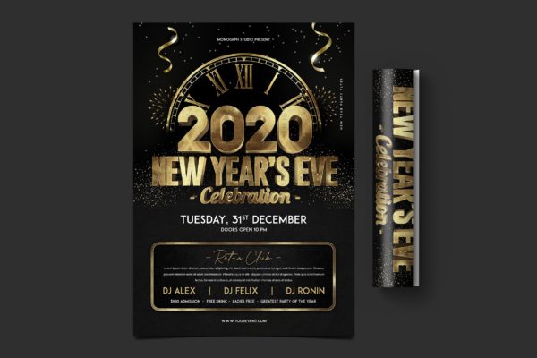 黄金立体字特效新年前夜倒计时活动海报传单素材库精选PSD模板 New Year Party Flyer