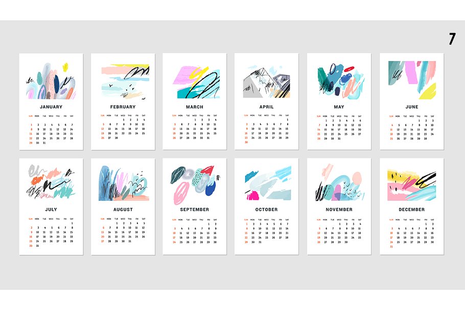 水彩涂鸦日历模板 2017 CALENDARS | raster & vector插图(10)